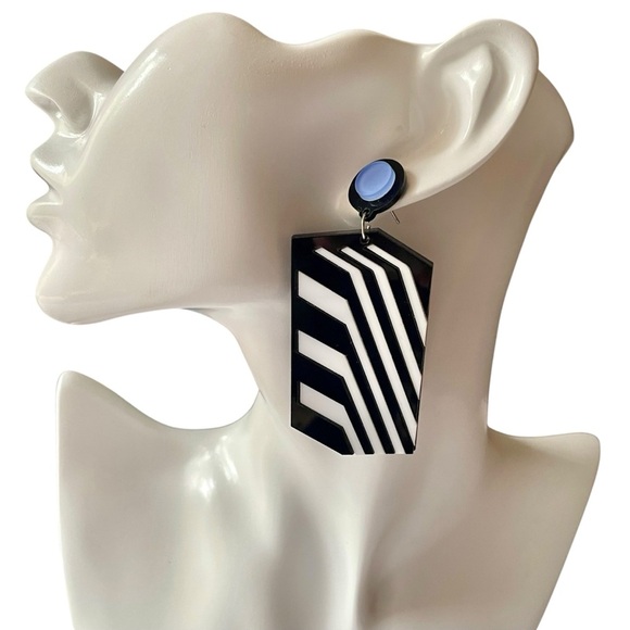 Black and White Striped Statement Earrings 80s Geometric Maximalism Pop Art - Picture 4 of 8